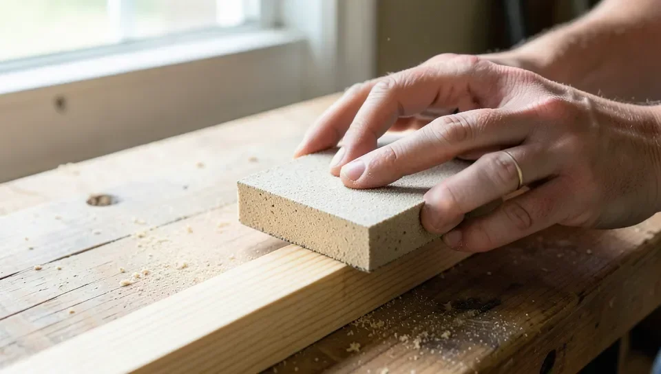 Hand-sanding a stripped wood plank with a sanding block before applying a new finish