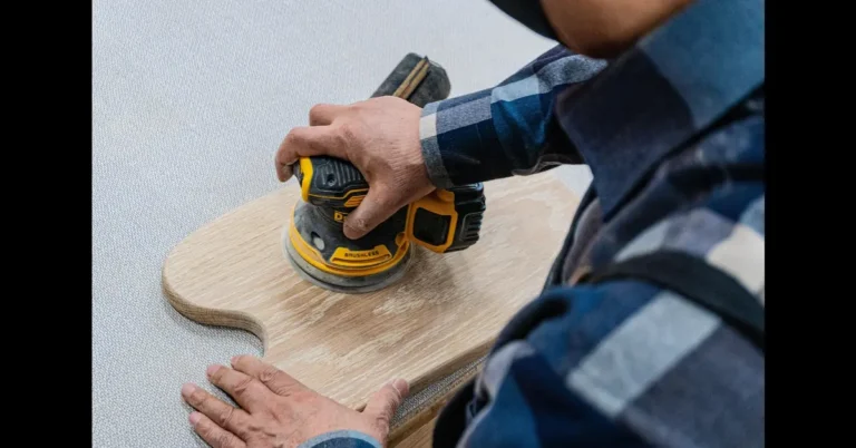 Orbital sander smoothing pressure treated wood before staining