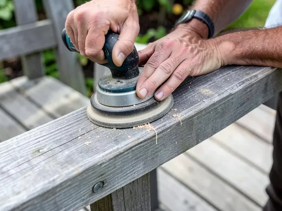 Hands using a random orbital sander to strip weathered gray finish off an outdoor wood armrest