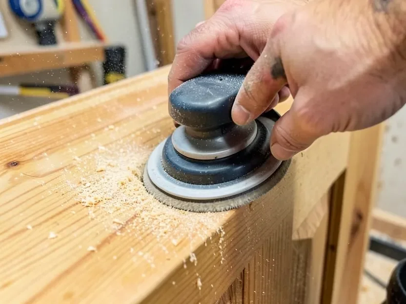 Orbital sander removing old finish from a wood door surface, sawdust visible on the wood grain
