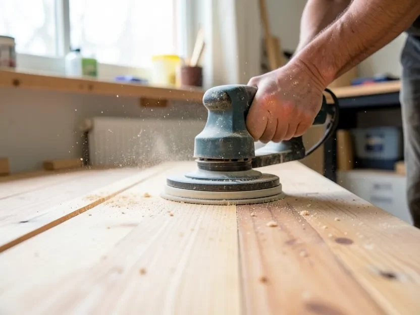 Sanding a wood floor board down to bare wood to remove odor that soaked past the finish