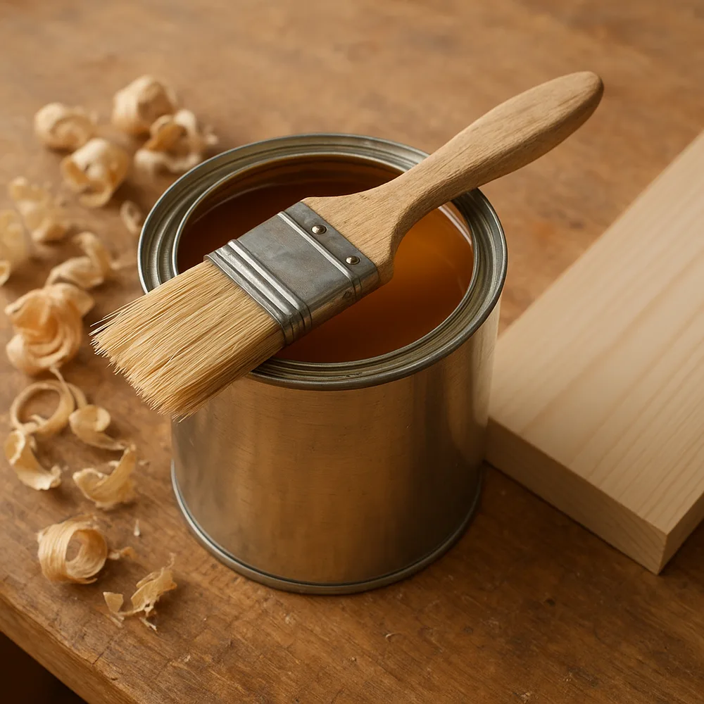 Open can of satin wood finish with a brush, ready to apply over sanded wood