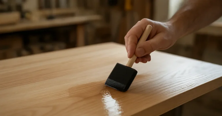 Applying satin clear coat to a wood tabletop with a foam brush