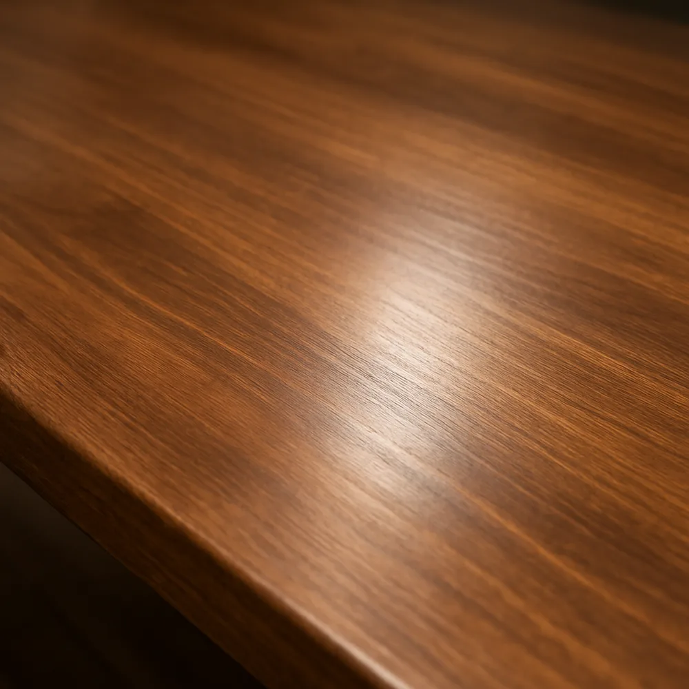 Close-up of a wood tabletop with a soft, low-gloss satin sheen
