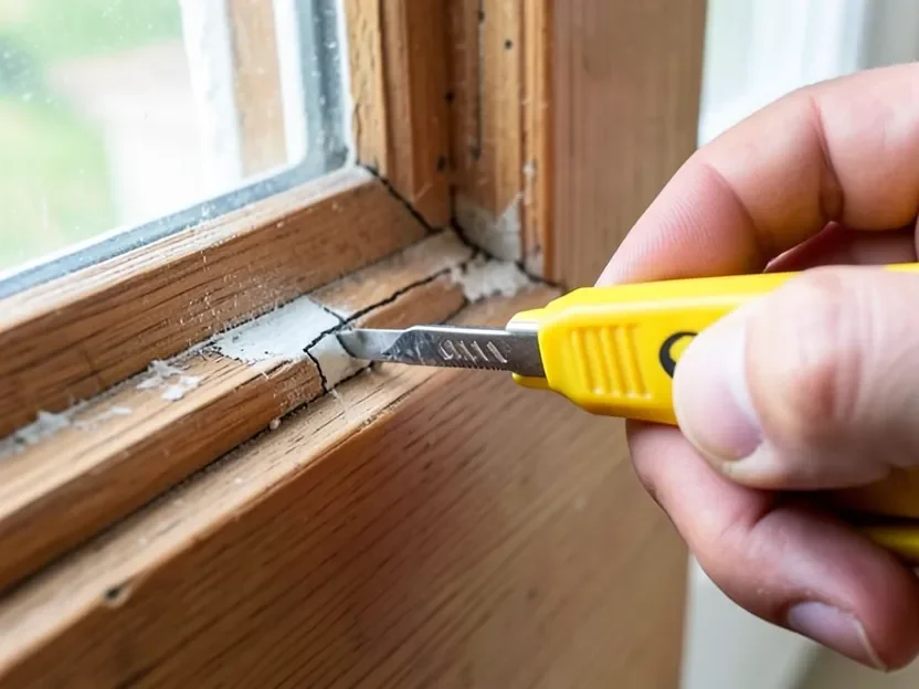Scoring old caulk along a wood window frame with a utility knife before removal