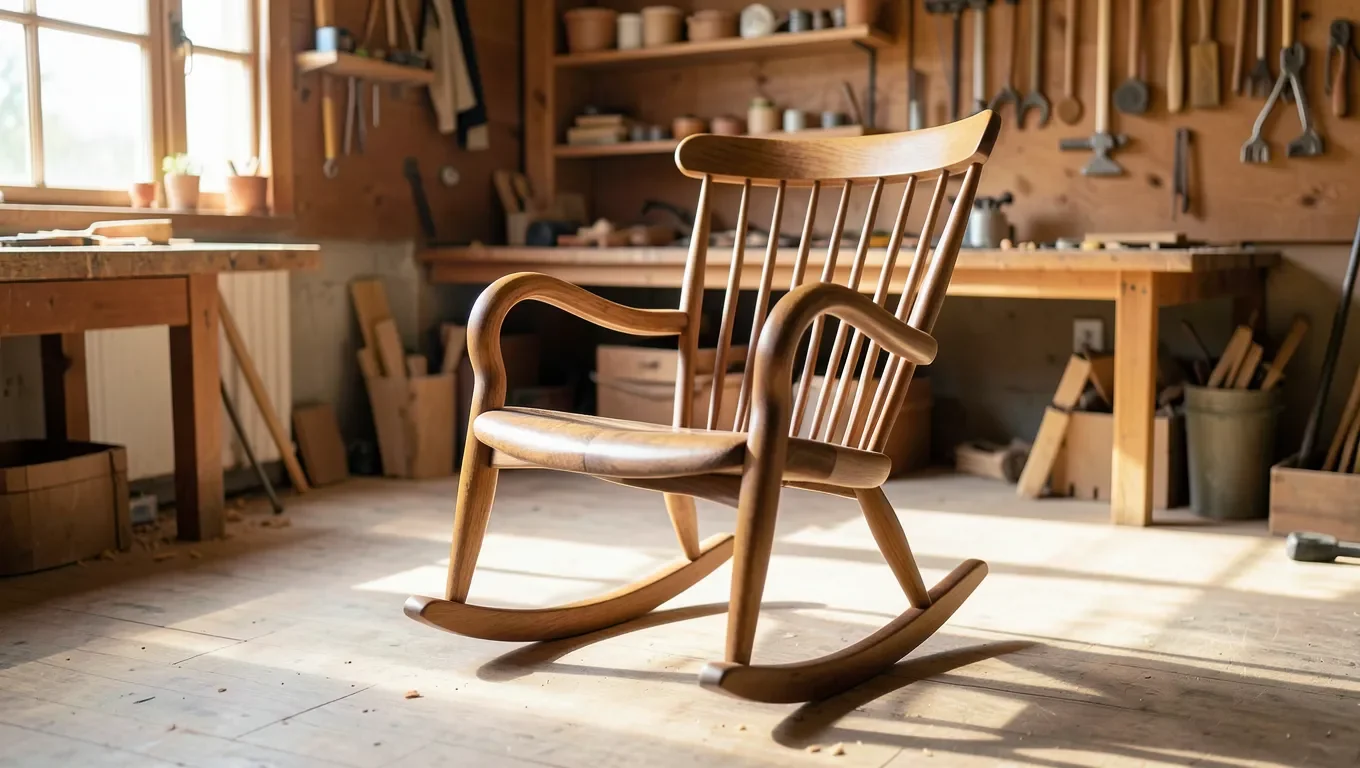 Handcrafted wooden rocking chair with sculptural curved arms and spindle back