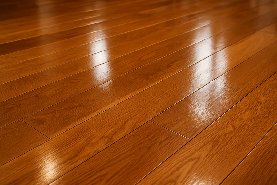 Close-up of sealed hardwood floor planks showing the protective finish sheen that determines whether an electric mop is safe to use Close-up of sealed hardwood floor planks showing the protective finish sheen that determines whether an electric mop is safe to use