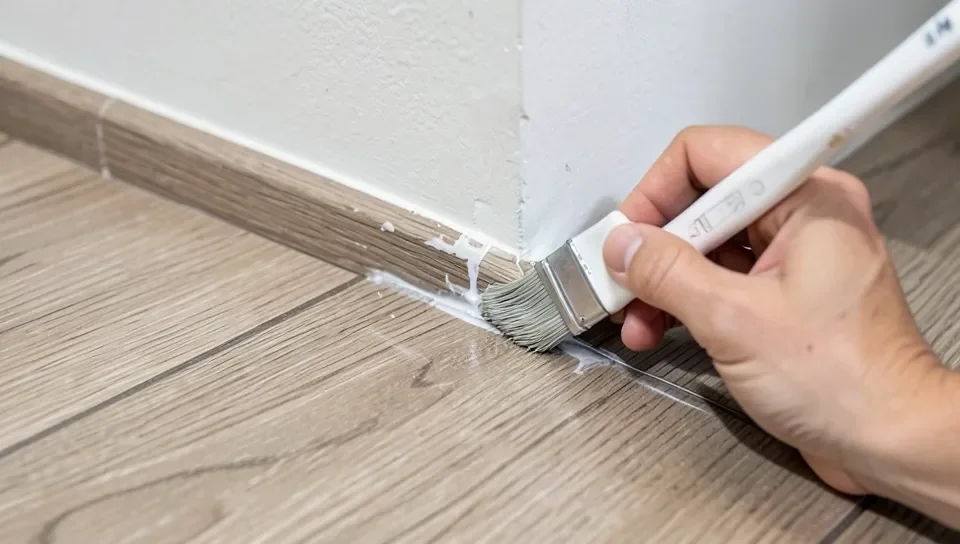 Applying seam sealer along a vinyl plank flooring joint near a bathroom wall