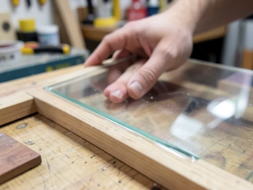 Pressing a glass pane into a wood frame with silicone adhesive along the edge
