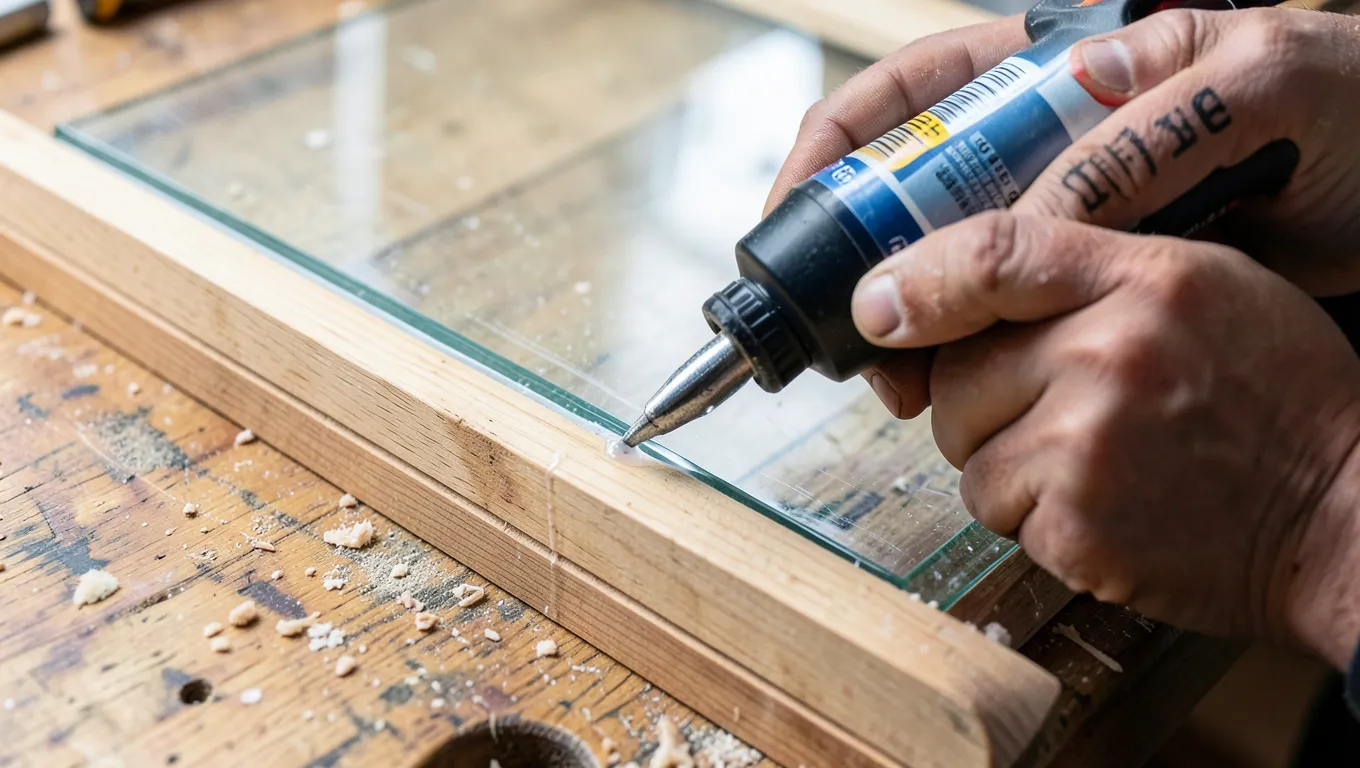Applying clear silicone adhesive to secure glass to a wood frame