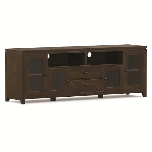 SimpliHome solid wood TV stand in mahogany brown finish