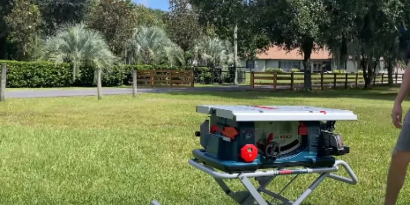 Skilsaw worm drive table saw folded onto its rolling stand outdoors