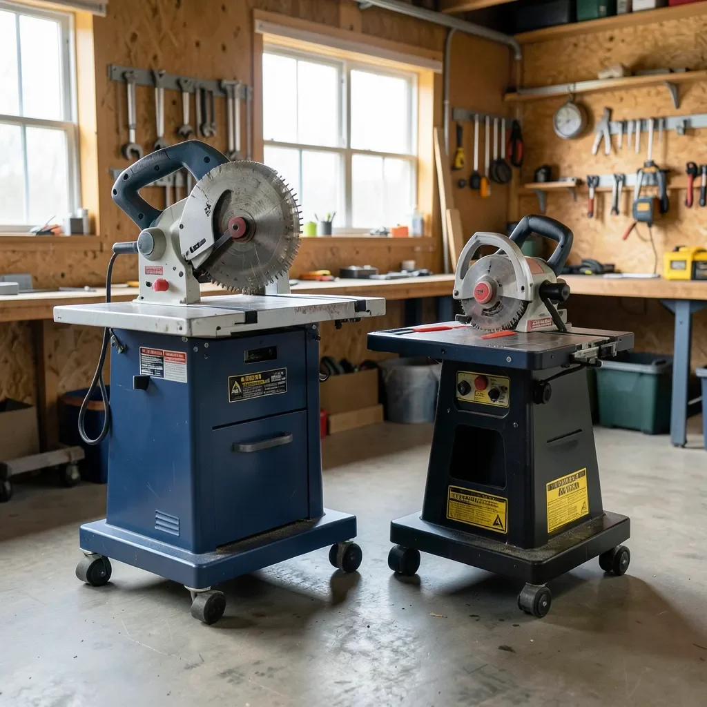Two jobsite table saws on rolling stands side by side in a garage workshop