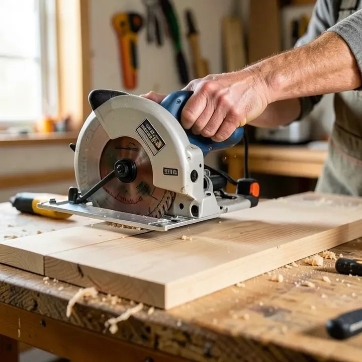 Carpenter using a 10-inch sliding compound miter saw to cut a wide board