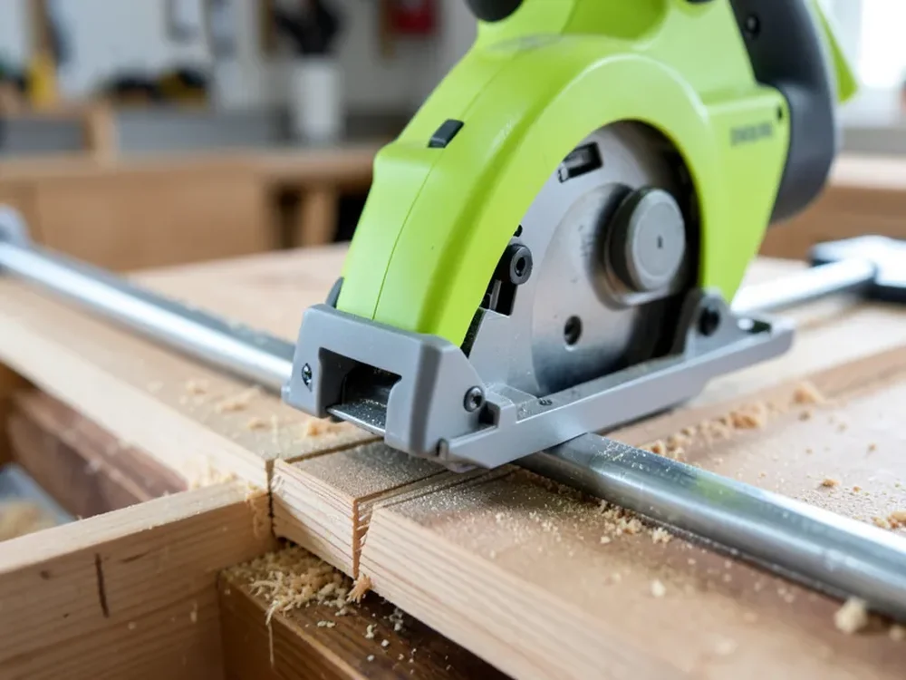 Close-up of a sliding compound miter saw head pulled forward on its rails to crosscut a wide board
