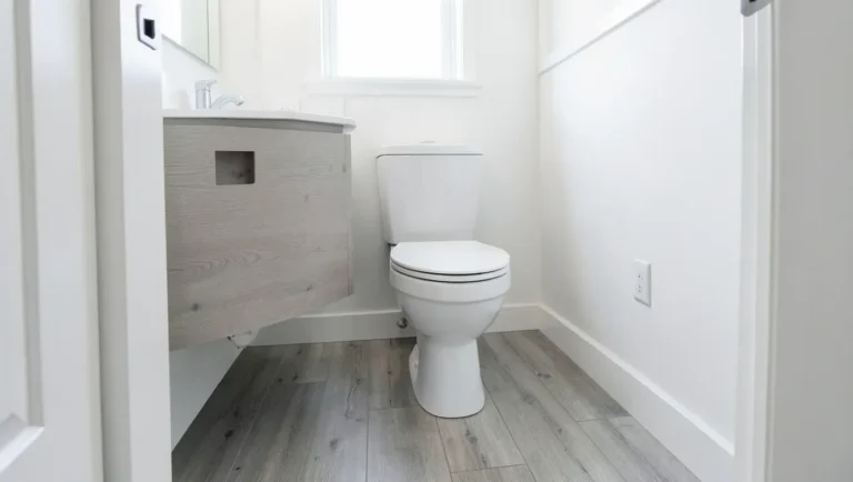 Small bathroom with light gray vinyl plank flooring installed lengthwise toward the doorway