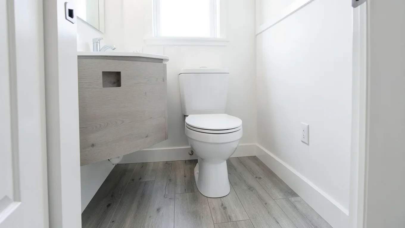 Small bathroom with light gray vinyl plank flooring installed lengthwise toward the doorway