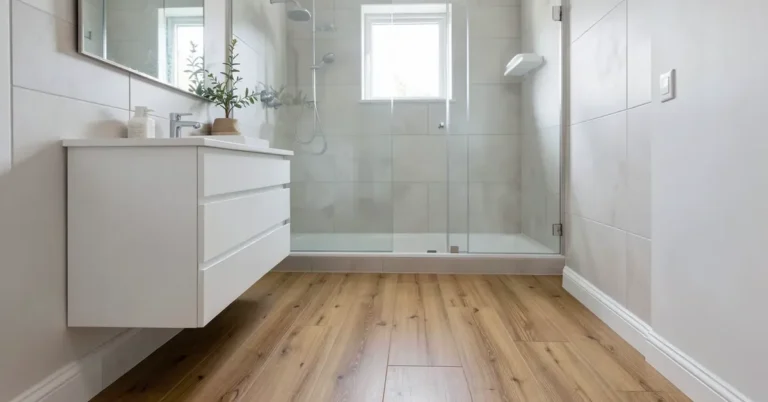 Small bathroom with warm honey-toned waterproof wood-look vinyl plank flooring and glass shower