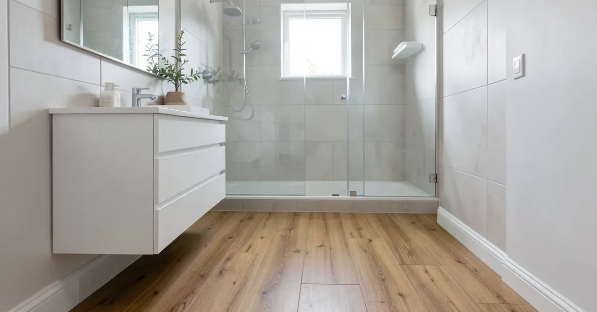 Small bathroom with warm honey-toned waterproof wood-look vinyl plank flooring and glass shower