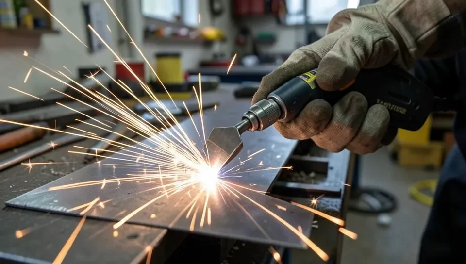 Small oxy-acetylene cutting torch cutting through steel plate