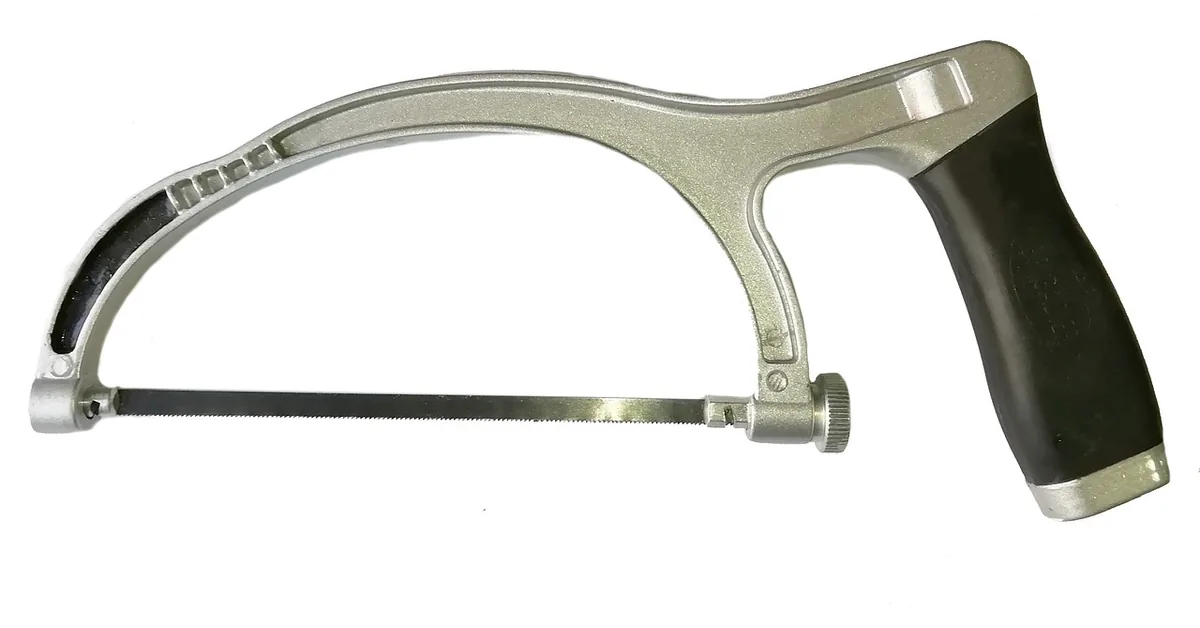 Small frame saw with a thin blade tensioned by a thumb knob