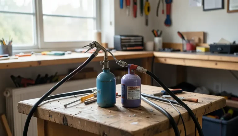 Small portable cutting torch setup in a home workshop