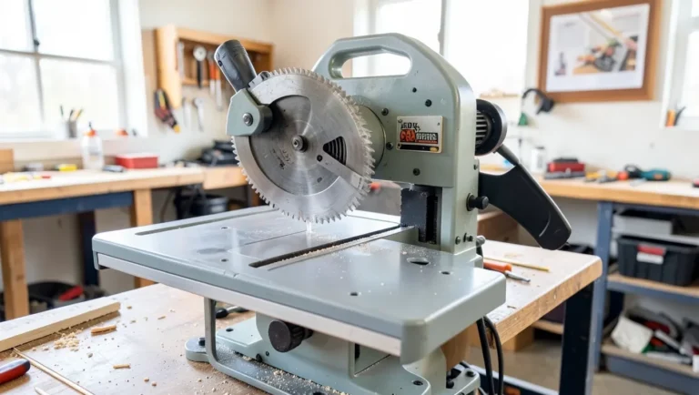 Modern table saw with safety guard in a workshop