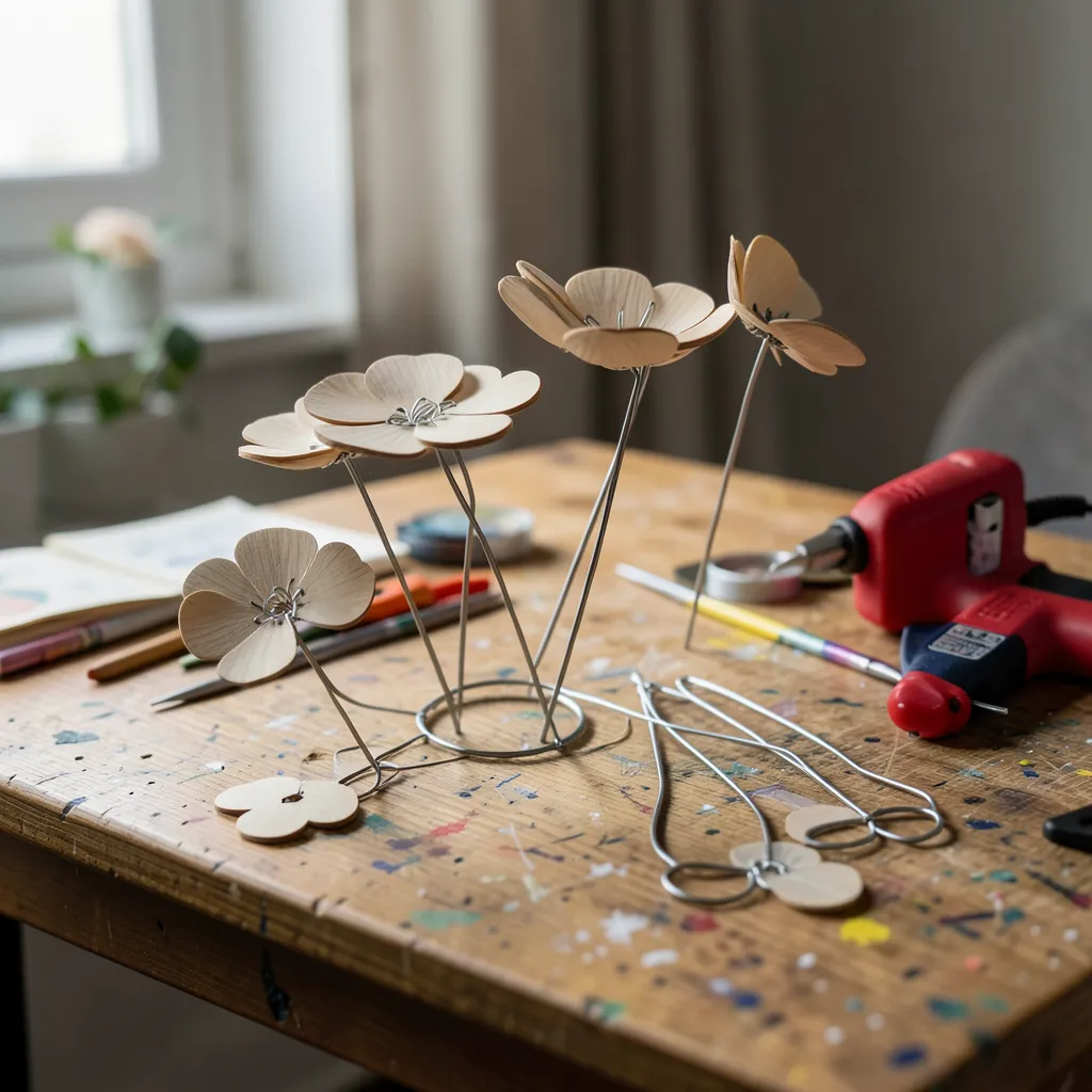 Sola wood flowers with wire stems being assembled on a craft table with a hot glue gun nearby