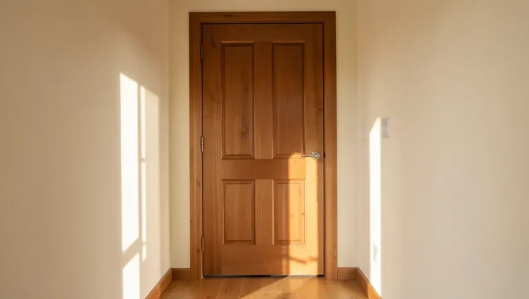 Solid wood panel interior door in a hallway