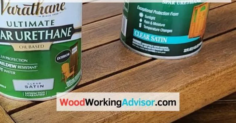 Spar urethane cans on an outdoor wood deck, showing UV and moisture protection for exterior wood.