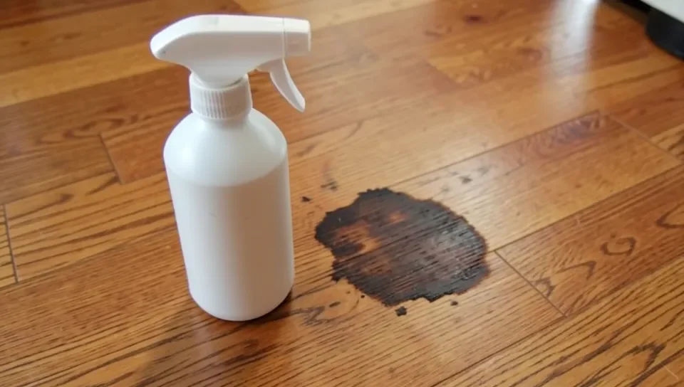 Spray cleaner applied to a stain on a hardwood floor