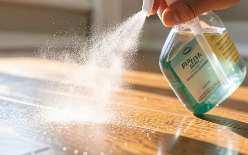 Spray bottle applying a light mist of cleaning solution onto a hardwood floor Spray bottle applying a light mist of cleaning solution onto a hardwood floor