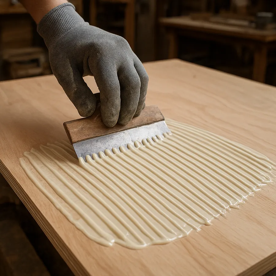 Spreading wood glue evenly across a plywood panel with a notched trowel before lamination Spreading wood glue evenly across a plywood panel with a notched trowel before lamination