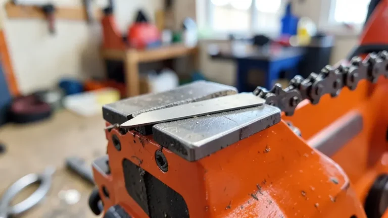 Flat file sharpening the top plate of a square-ground chainsaw chain cutter