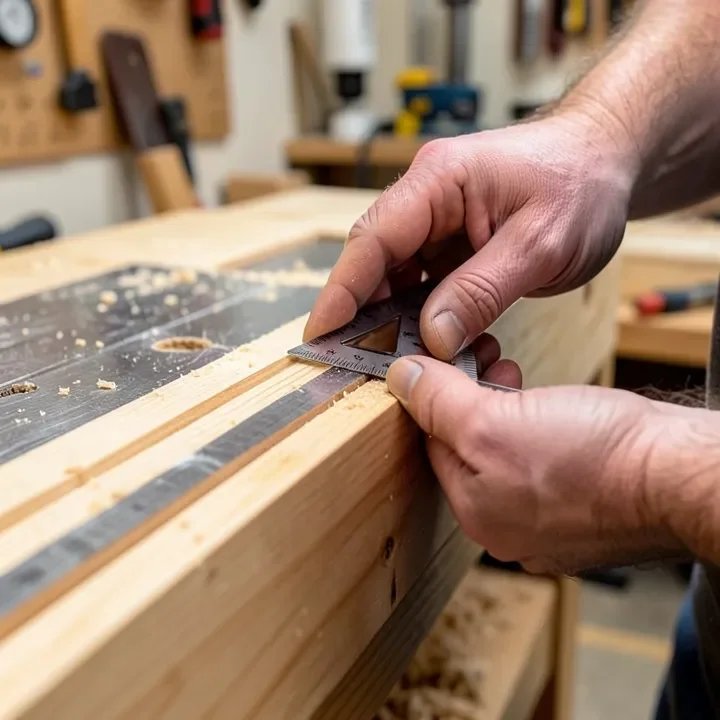 Carpenter squaring the fence of a homemade cross cut sled with a machinist square