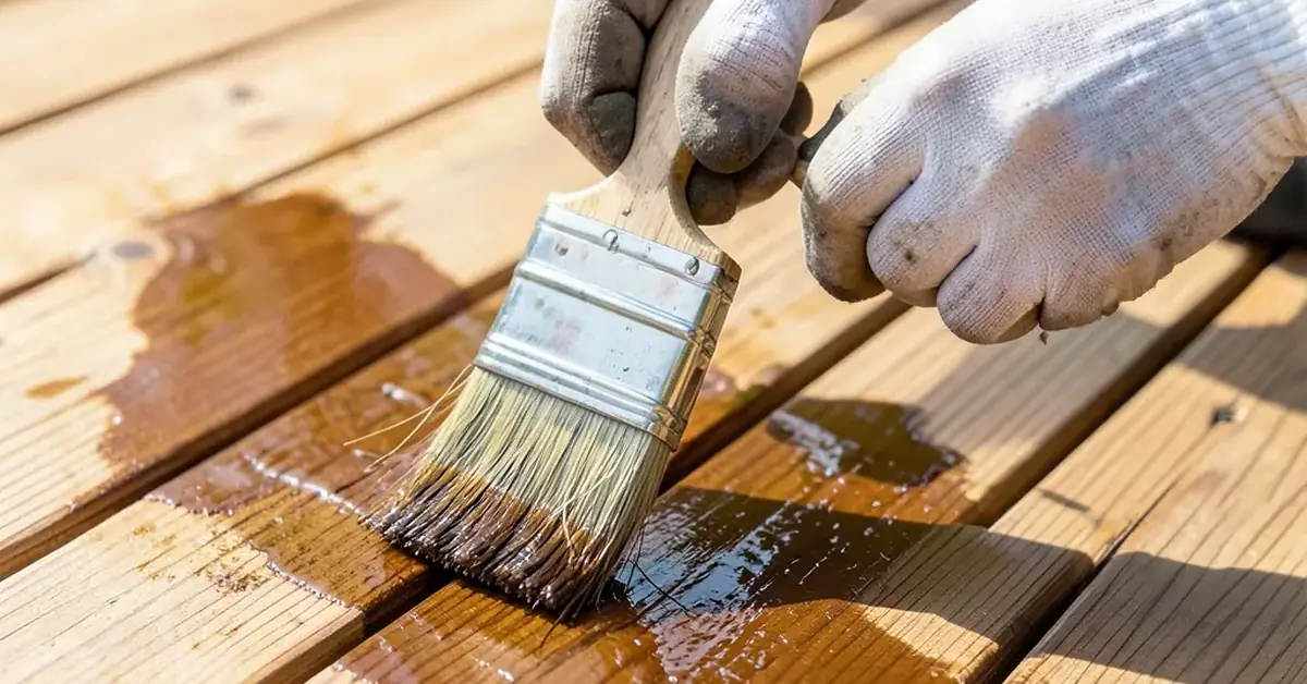 Gloved hands applying semi-transparent stain to cedar deck boards with a paintbrush