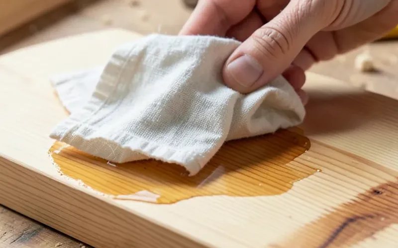 Wiping excess semi-transparent stain off a cedar board with a cloth rag