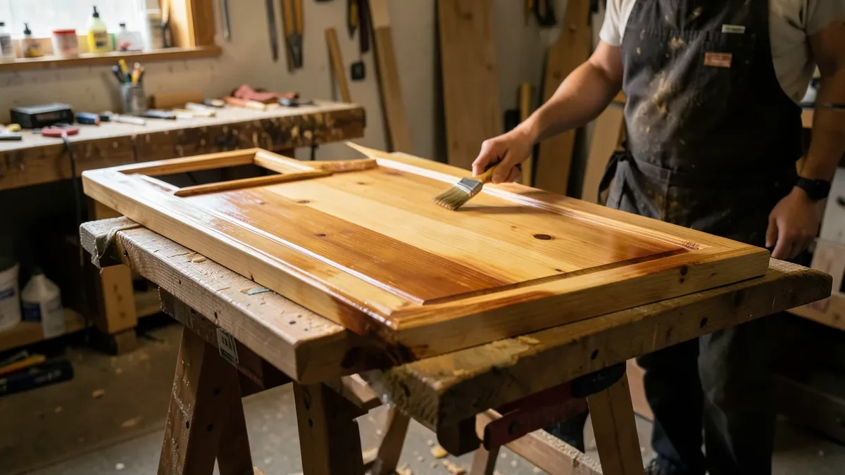 A pine interior door laid flat on sawhorses being stained with a brush