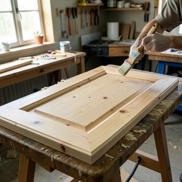 A pine interior door laid flat on sawhorses being stained with a brush