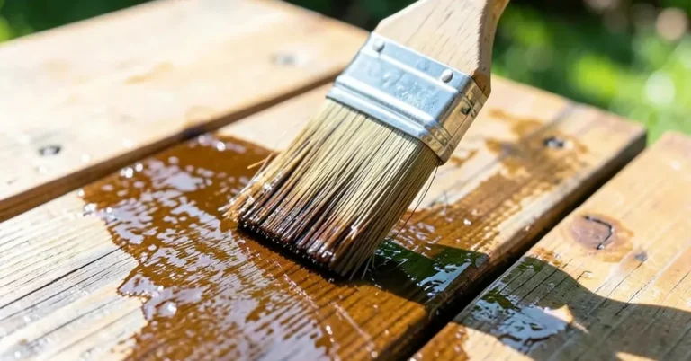 Applying brown wood stain to a pressure-treated deck board with a paintbrush
