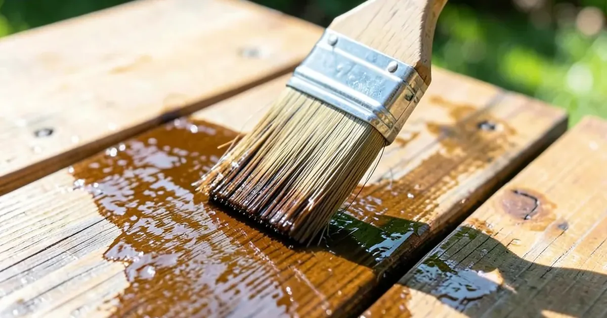 Applying brown wood stain to a pressure-treated deck board with a paintbrush Applying brown wood stain to a pressure-treated deck board with a paintbrush
