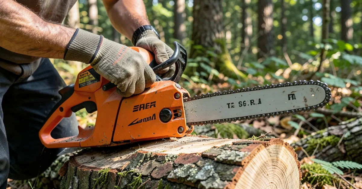 Pulling the starter cord on a chainsaw outdoors