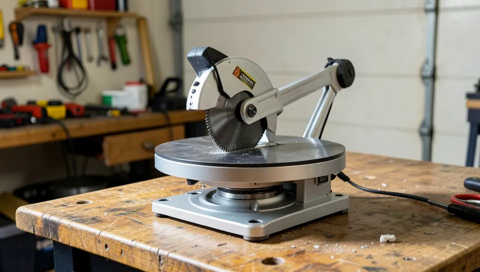 Stationary compound miter saw with a rotating table and pivoting blade arm on a workshop bench