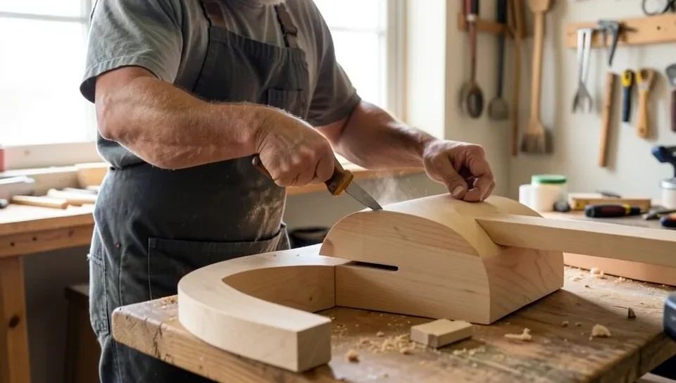 Woodworker steam-bending a wood slat over a curved form
