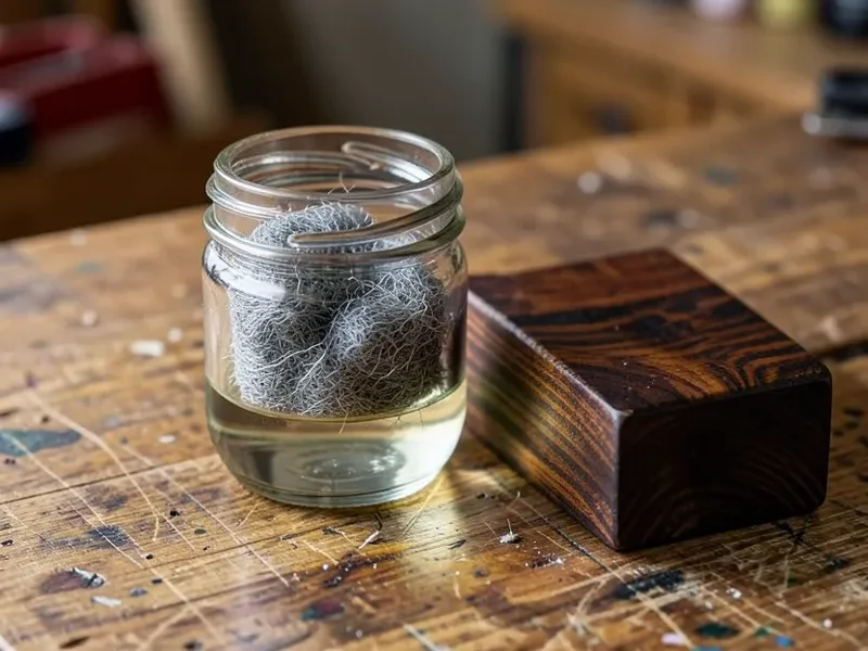 Steel wool soaking in vinegar to make an ebonizing solution