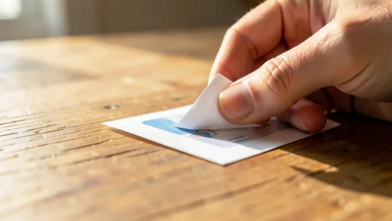 Hand peeling a sticker off a wood surface at a low, flat angle to avoid damaging the finish