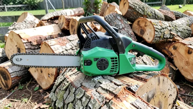 Battery-powered electric chainsaw resting on a woodpile with visible guide bar and chain