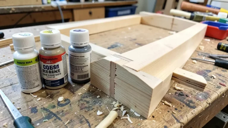Wood glue and furniture joint on a workbench