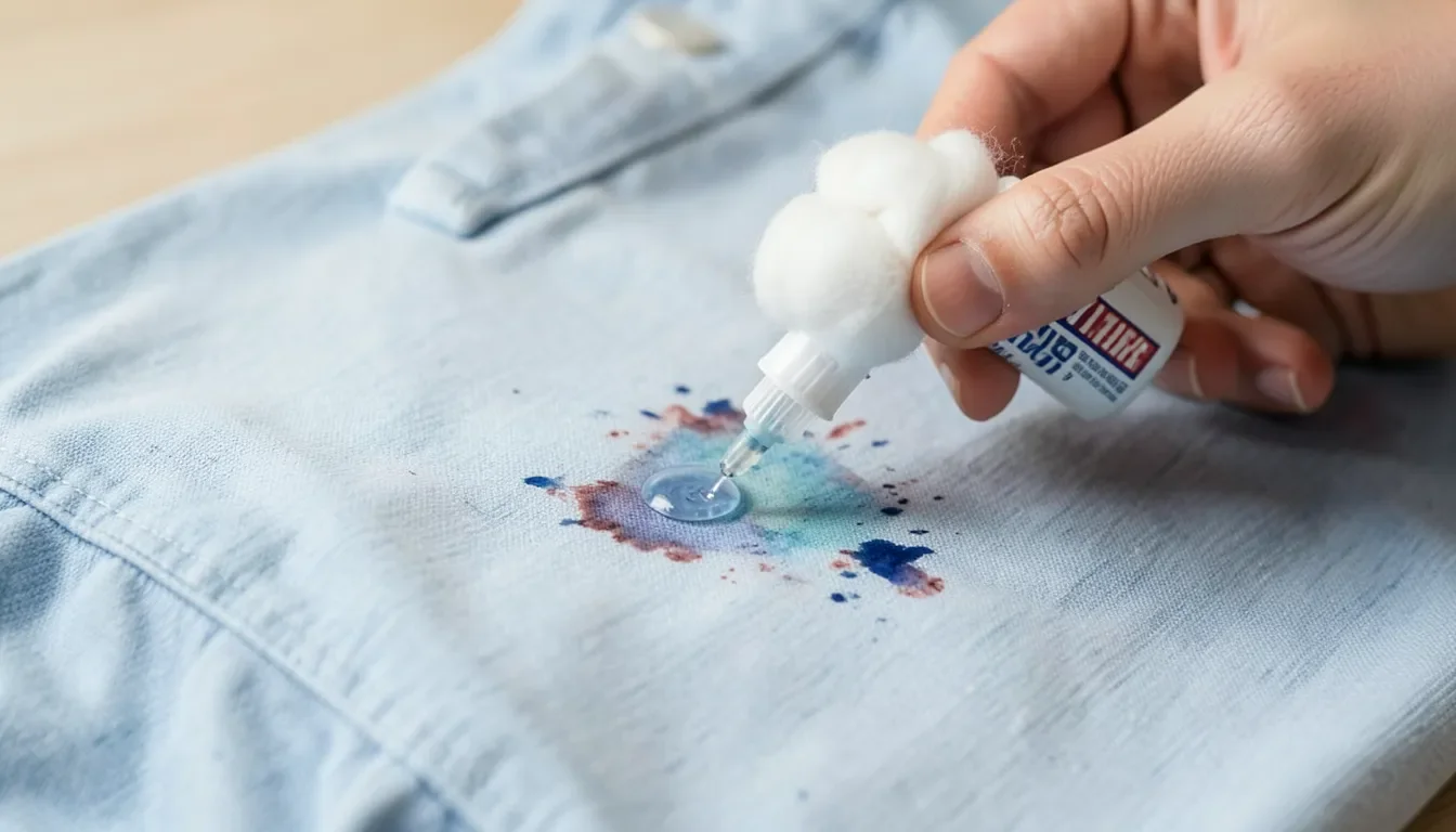 Dabbing acetone onto a dried super glue stain before scraping it off