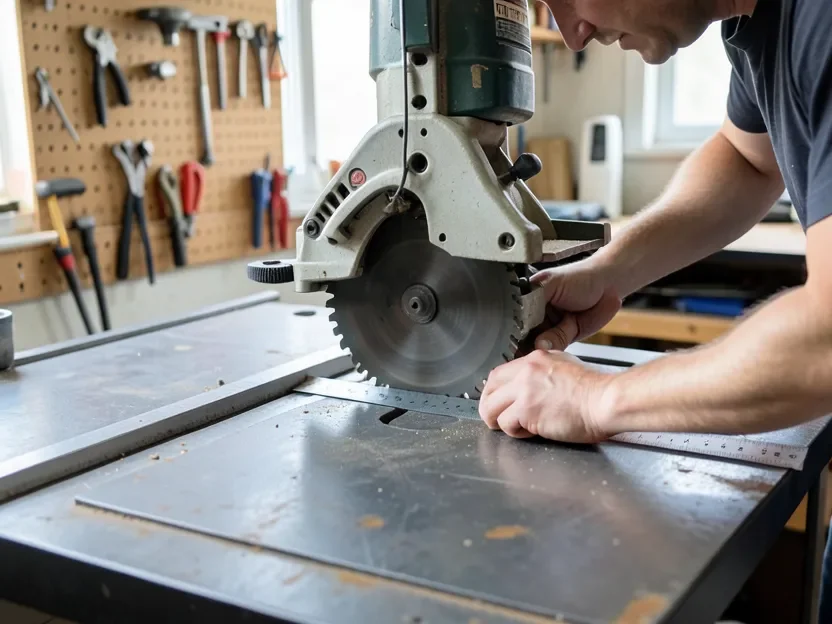 Checking table saw blade alignment against the miter slot with a straightedge during refurbishing